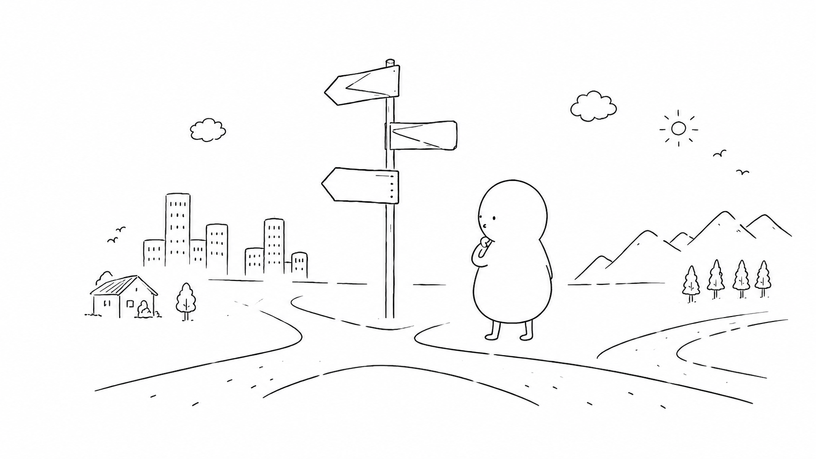 分岐点に立ち道標を見上げるキャラクターのイラスト