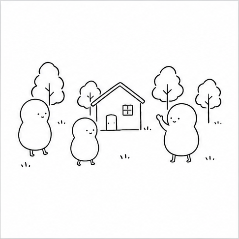 家と複数のキャラクターのイラスト