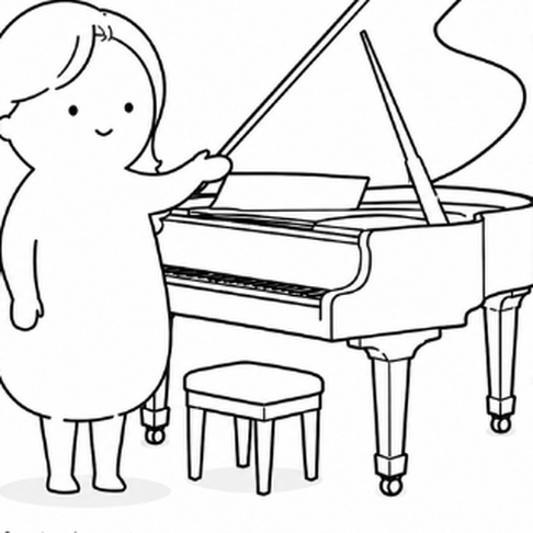 ピアノのそばに立つキャラクターのイラスト