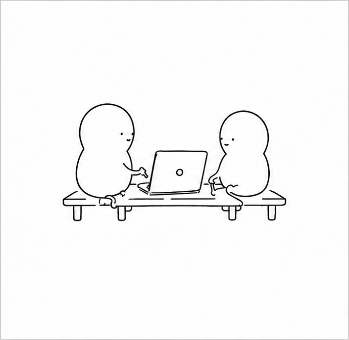 ベンチに座りPCを操作する2体のキャラクターのイラスト