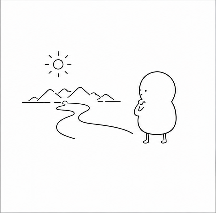 太陽と山と川を眺めるキャラクターのイラスト